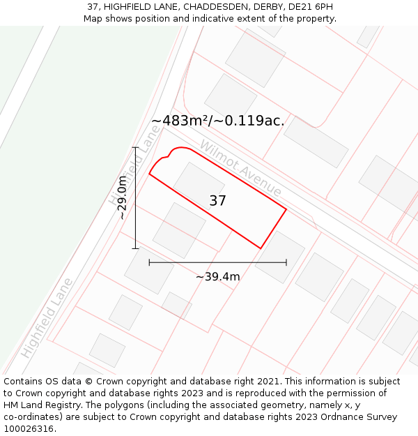 37, HIGHFIELD LANE, CHADDESDEN, DERBY, DE21 6PH: Plot and title map