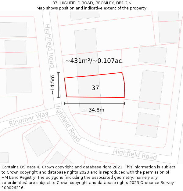 37, HIGHFIELD ROAD, BROMLEY, BR1 2JN: Plot and title map