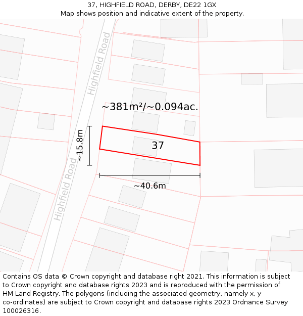 37, HIGHFIELD ROAD, DERBY, DE22 1GX: Plot and title map