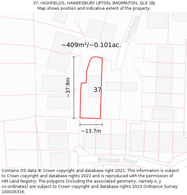 37, HIGHFIELDS, HAWKESBURY UPTON, BADMINTON, GL9 1BJ: Plot and title map