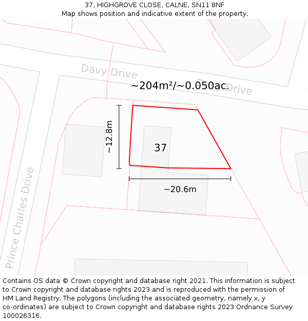 37, HIGHGROVE CLOSE, CALNE, SN11 8NF: Plot and title map