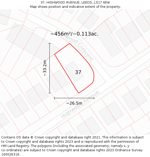 37, HIGHWOOD AVENUE, LEEDS, LS17 6EW: Plot and title map