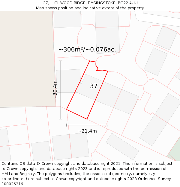 37, HIGHWOOD RIDGE, BASINGSTOKE, RG22 4UU: Plot and title map