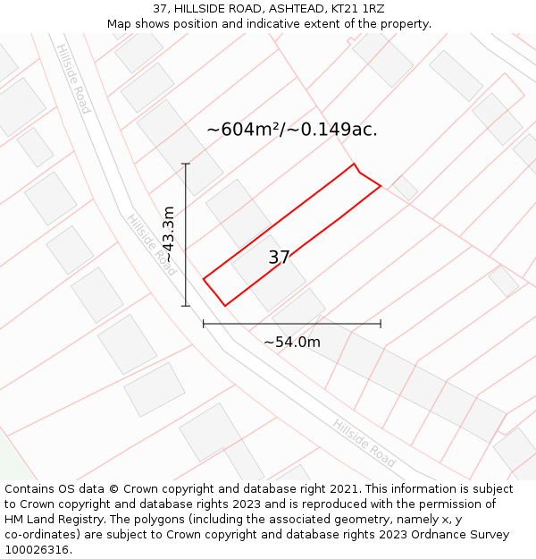 37, HILLSIDE ROAD, ASHTEAD, KT21 1RZ: Plot and title map