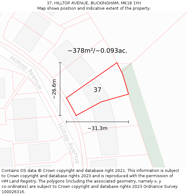 37, HILLTOP AVENUE, BUCKINGHAM, MK18 1YH: Plot and title map
