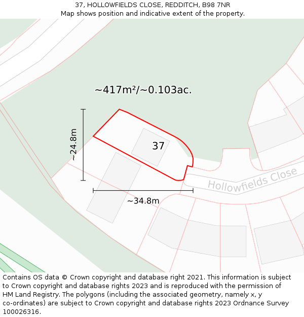 37, HOLLOWFIELDS CLOSE, REDDITCH, B98 7NR: Plot and title map