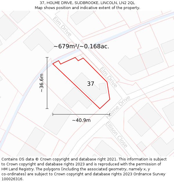 37, HOLME DRIVE, SUDBROOKE, LINCOLN, LN2 2QL: Plot and title map