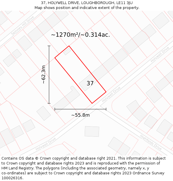 37, HOLYWELL DRIVE, LOUGHBOROUGH, LE11 3JU: Plot and title map