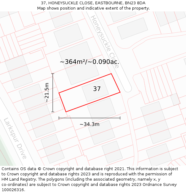37, HONEYSUCKLE CLOSE, EASTBOURNE, BN23 8DA: Plot and title map