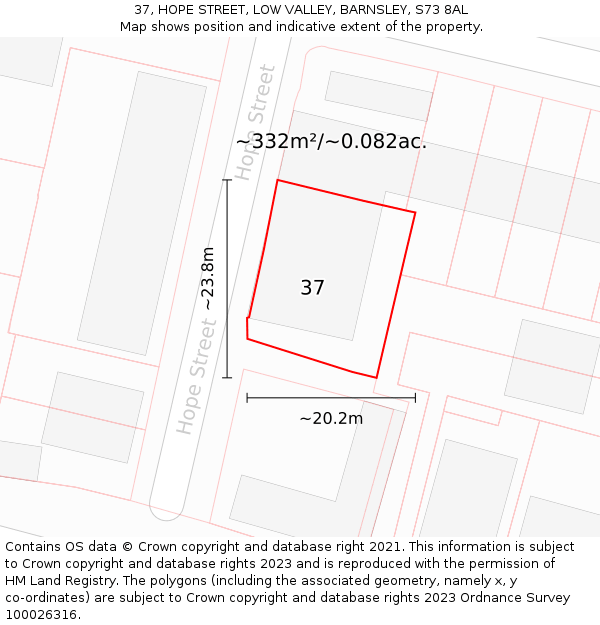37, HOPE STREET, LOW VALLEY, BARNSLEY, S73 8AL: Plot and title map