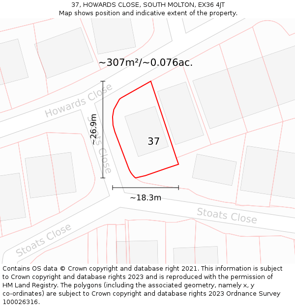 37, HOWARDS CLOSE, SOUTH MOLTON, EX36 4JT: Plot and title map