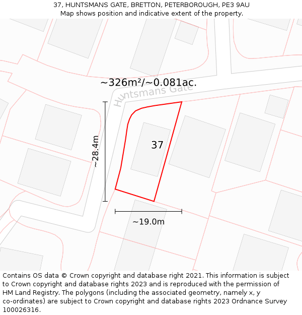 37, HUNTSMANS GATE, BRETTON, PETERBOROUGH, PE3 9AU: Plot and title map