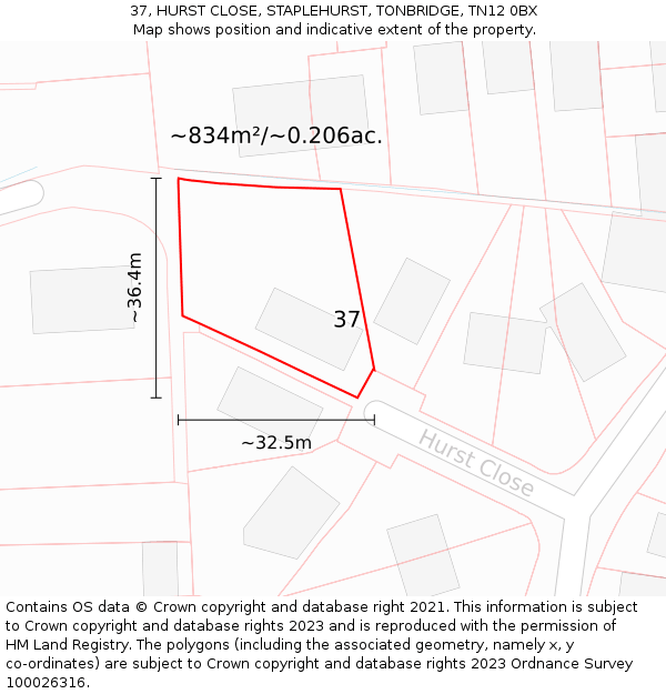 37, HURST CLOSE, STAPLEHURST, TONBRIDGE, TN12 0BX: Plot and title map