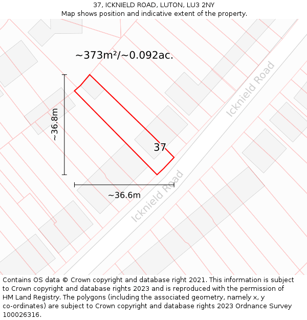 37, ICKNIELD ROAD, LUTON, LU3 2NY: Plot and title map