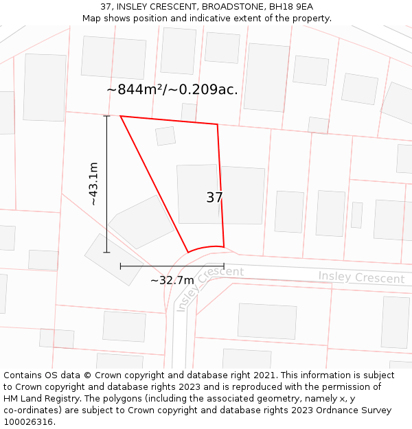 37, INSLEY CRESCENT, BROADSTONE, BH18 9EA: Plot and title map