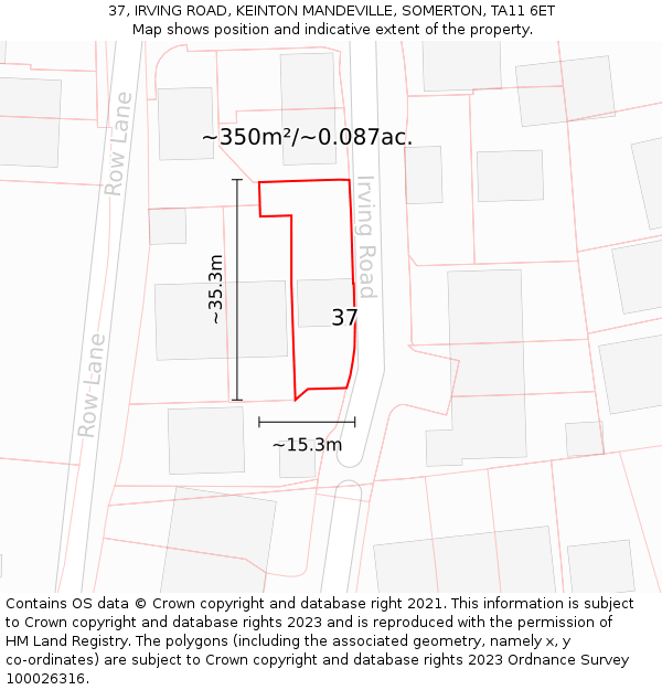 37, IRVING ROAD, KEINTON MANDEVILLE, SOMERTON, TA11 6ET: Plot and title map