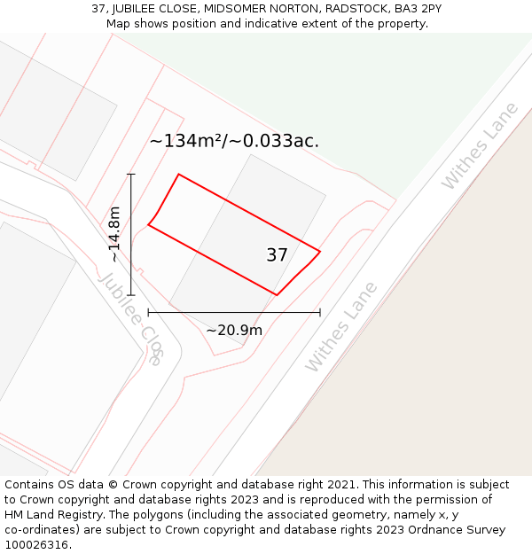 37, JUBILEE CLOSE, MIDSOMER NORTON, RADSTOCK, BA3 2PY: Plot and title map