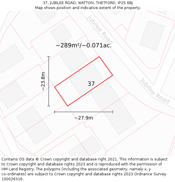 37, JUBILEE ROAD, WATTON, THETFORD, IP25 6BJ: Plot and title map