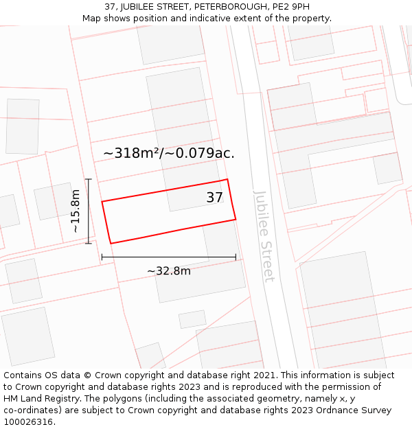 37, JUBILEE STREET, PETERBOROUGH, PE2 9PH: Plot and title map