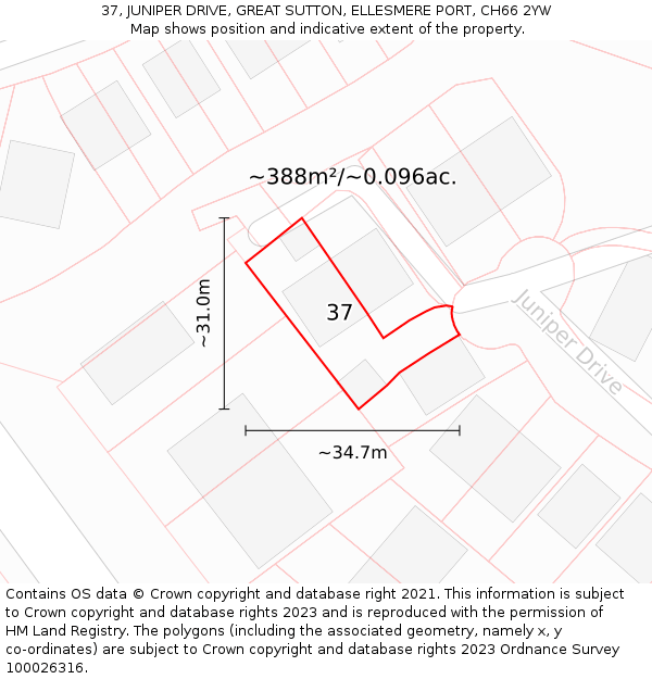 37, JUNIPER DRIVE, GREAT SUTTON, ELLESMERE PORT, CH66 2YW: Plot and title map