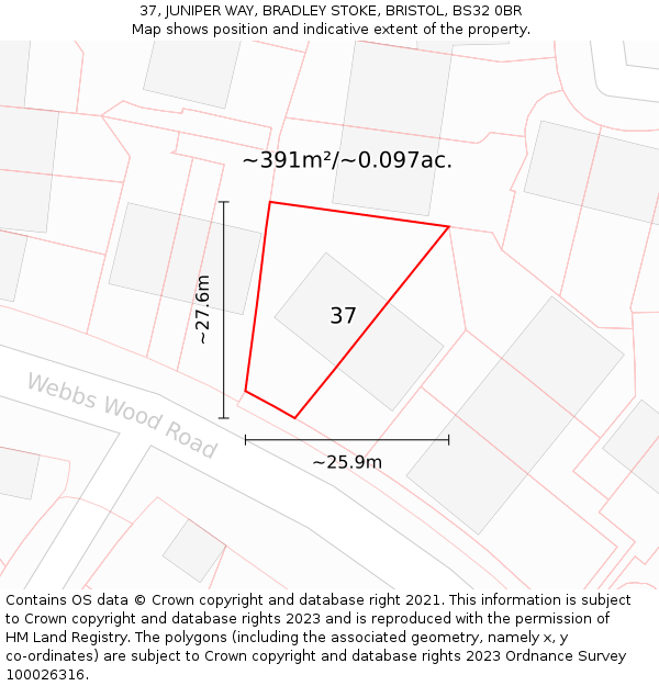 37, JUNIPER WAY, BRADLEY STOKE, BRISTOL, BS32 0BR: Plot and title map