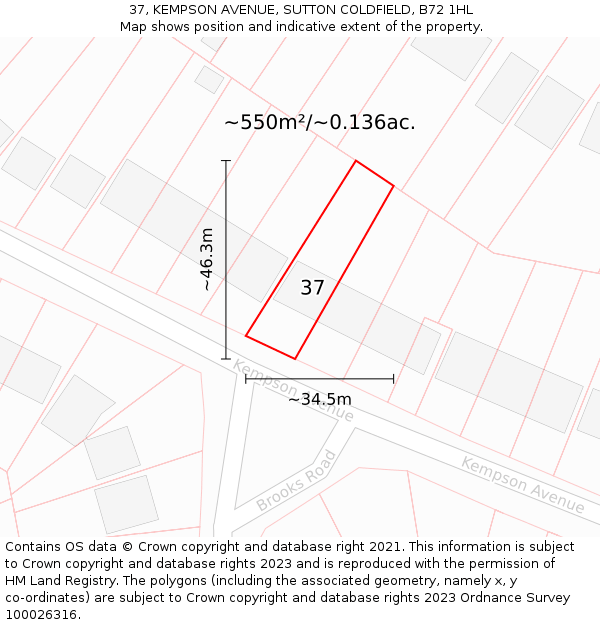 37, KEMPSON AVENUE, SUTTON COLDFIELD, B72 1HL: Plot and title map