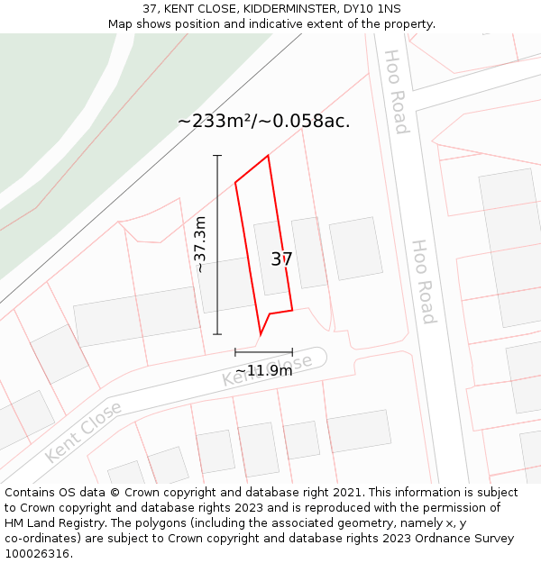 37, KENT CLOSE, KIDDERMINSTER, DY10 1NS: Plot and title map