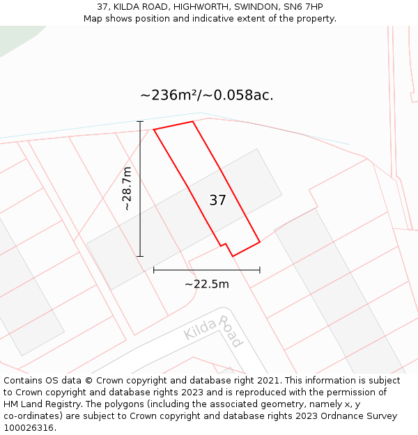 37, KILDA ROAD, HIGHWORTH, SWINDON, SN6 7HP: Plot and title map