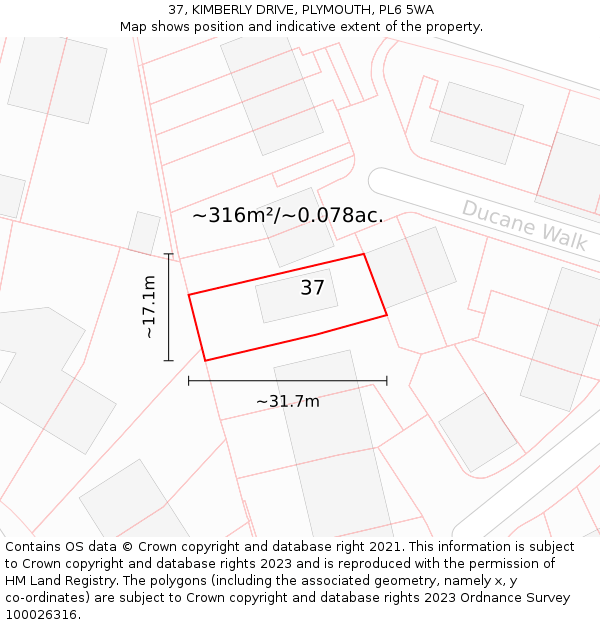 37, KIMBERLY DRIVE, PLYMOUTH, PL6 5WA: Plot and title map