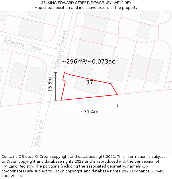 37, KING EDWARD STREET, DEWSBURY, WF12 9EY: Plot and title map