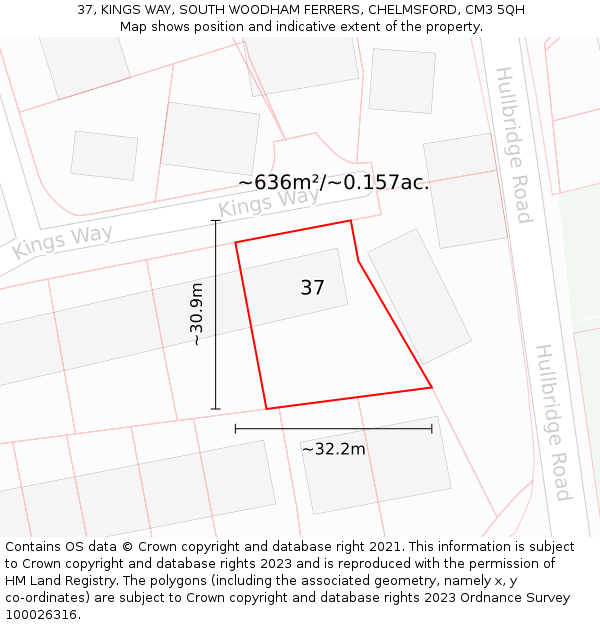 37, KINGS WAY, SOUTH WOODHAM FERRERS, CHELMSFORD, CM3 5QH: Plot and title map