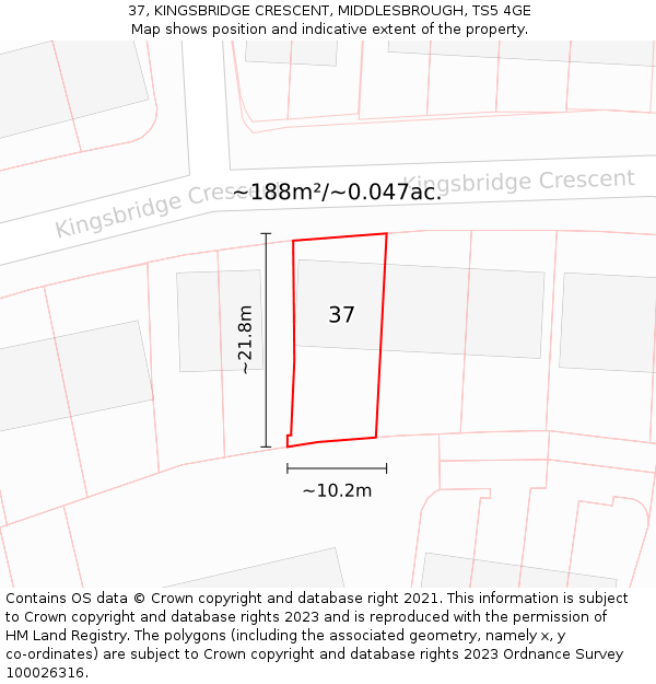 37, KINGSBRIDGE CRESCENT, MIDDLESBROUGH, TS5 4GE: Plot and title map