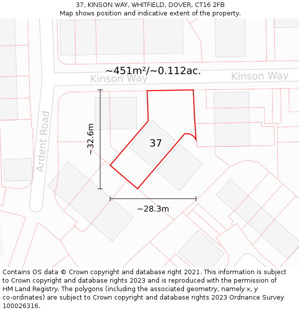 37, KINSON WAY, WHITFIELD, DOVER, CT16 2FB: Plot and title map