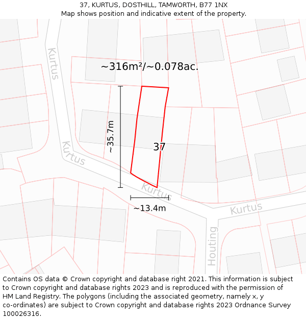 37, KURTUS, DOSTHILL, TAMWORTH, B77 1NX: Plot and title map