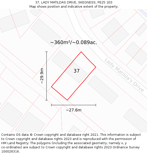 37, LADY MATILDAS DRIVE, SKEGNESS, PE25 1ES: Plot and title map