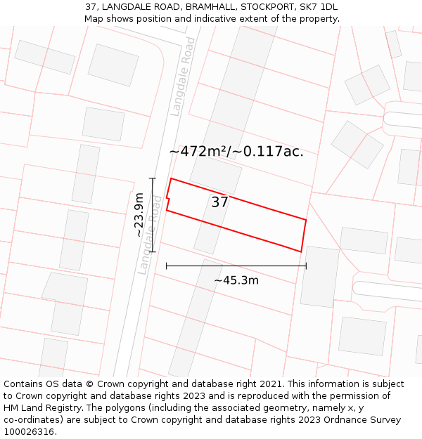 37, LANGDALE ROAD, BRAMHALL, STOCKPORT, SK7 1DL: Plot and title map