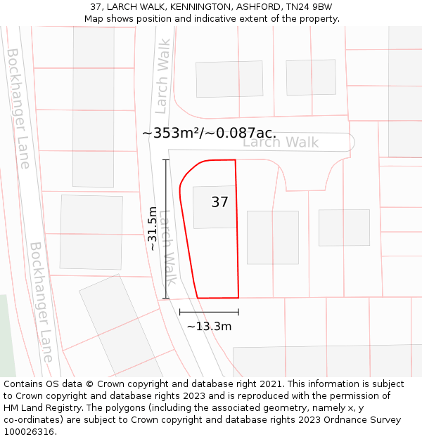 37, LARCH WALK, KENNINGTON, ASHFORD, TN24 9BW: Plot and title map