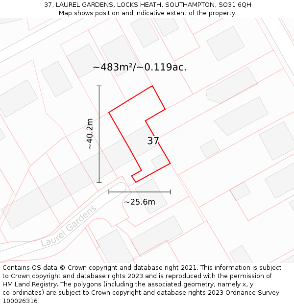 37, LAUREL GARDENS, LOCKS HEATH, SOUTHAMPTON, SO31 6QH: Plot and title map