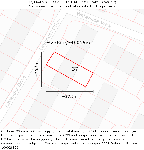 37, LAVENDER DRIVE, RUDHEATH, NORTHWICH, CW9 7EQ: Plot and title map
