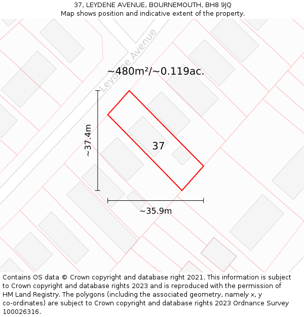 37, LEYDENE AVENUE, BOURNEMOUTH, BH8 9JQ: Plot and title map