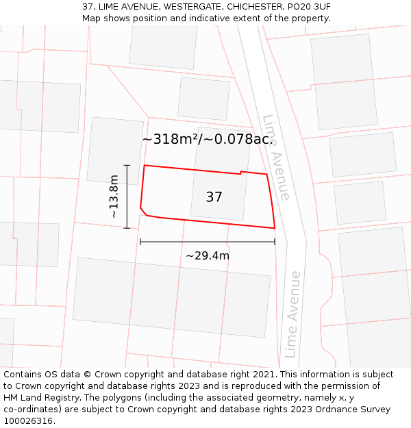 37, LIME AVENUE, WESTERGATE, CHICHESTER, PO20 3UF: Plot and title map