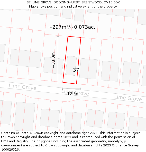 37, LIME GROVE, DODDINGHURST, BRENTWOOD, CM15 0QX: Plot and title map