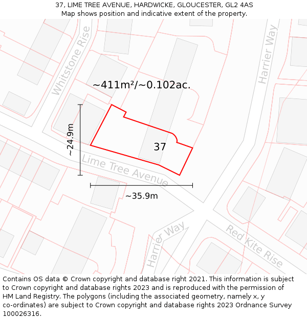 37, LIME TREE AVENUE, HARDWICKE, GLOUCESTER, GL2 4AS: Plot and title map