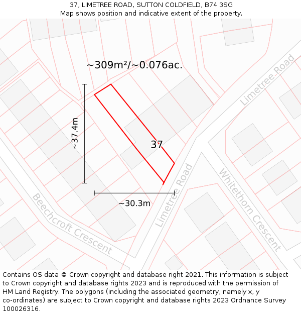 37, LIMETREE ROAD, SUTTON COLDFIELD, B74 3SG: Plot and title map