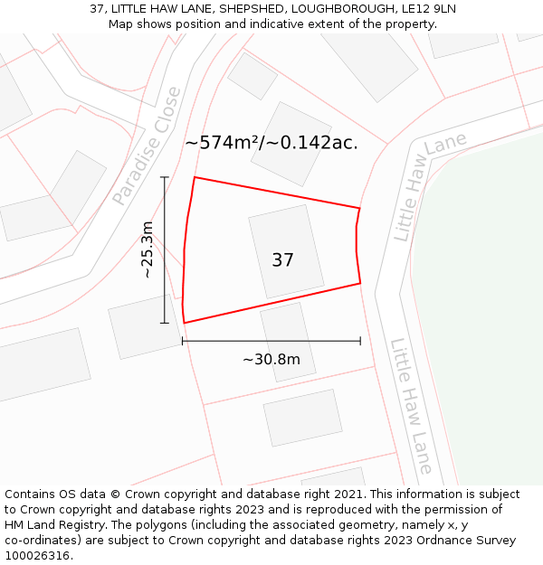 37, LITTLE HAW LANE, SHEPSHED, LOUGHBOROUGH, LE12 9LN: Plot and title map