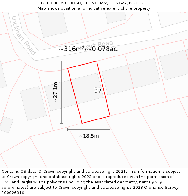 37, LOCKHART ROAD, ELLINGHAM, BUNGAY, NR35 2HB: Plot and title map