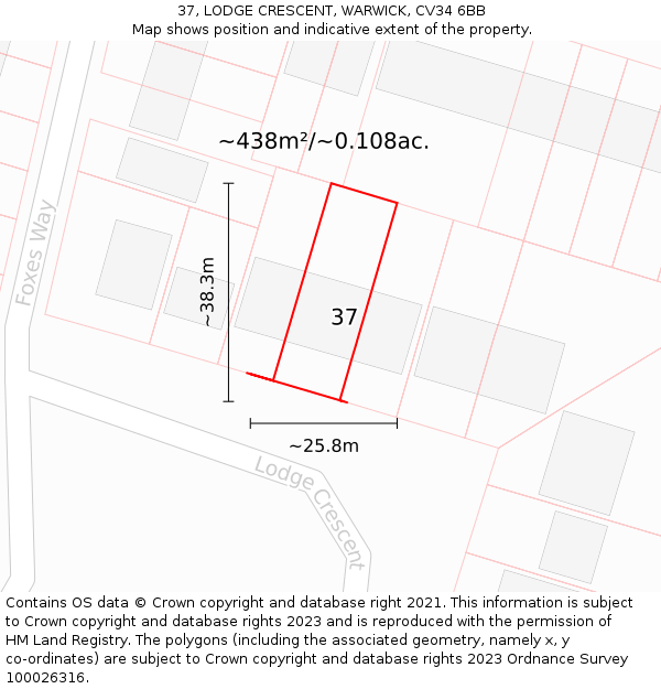 37, LODGE CRESCENT, WARWICK, CV34 6BB: Plot and title map