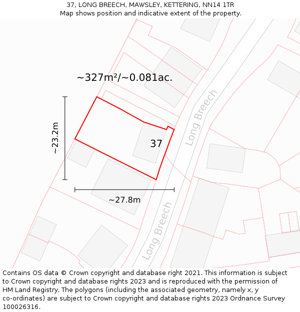 37, LONG BREECH, MAWSLEY, KETTERING, NN14 1TR: Plot and title map