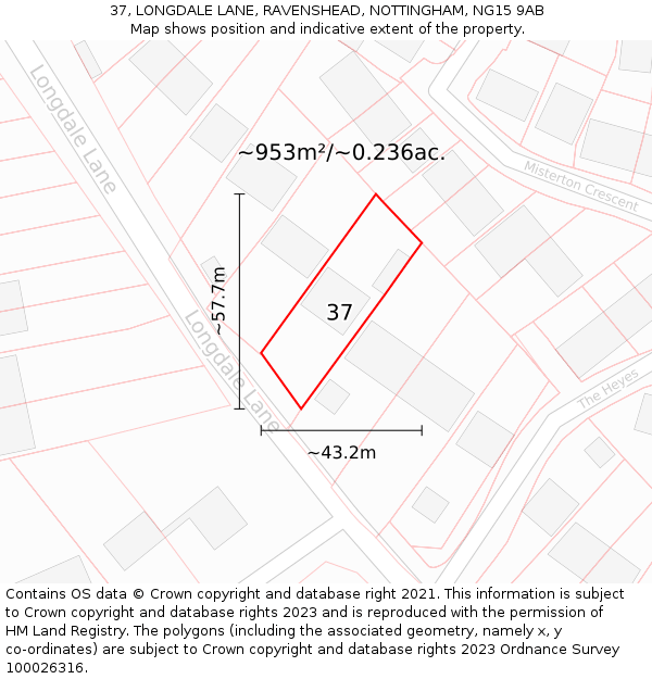 37, LONGDALE LANE, RAVENSHEAD, NOTTINGHAM, NG15 9AB: Plot and title map