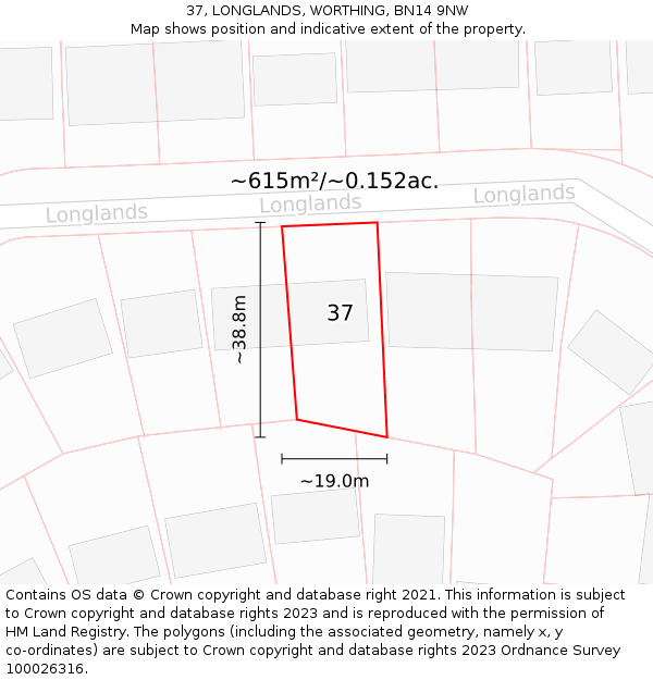 37, LONGLANDS, WORTHING, BN14 9NW: Plot and title map